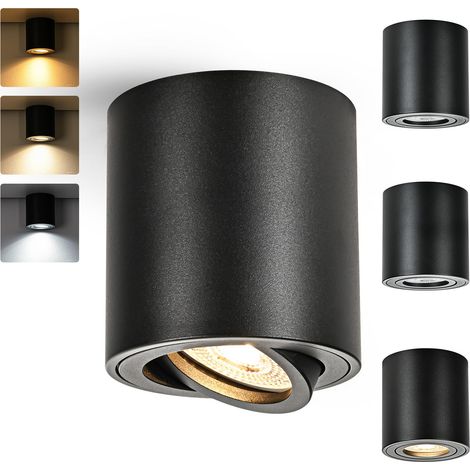 Spots de Plafond Dimmable Noir, LED Spot en Saillie Orientable, 5W Blanc Chaud 3000K/ Blanc Neutre 4000K/ Blanc Froid 6000K, Plafonnier Spot Douille GU10, Aluminium Rond Ø80x84mm, Lot de 4 (1/5)