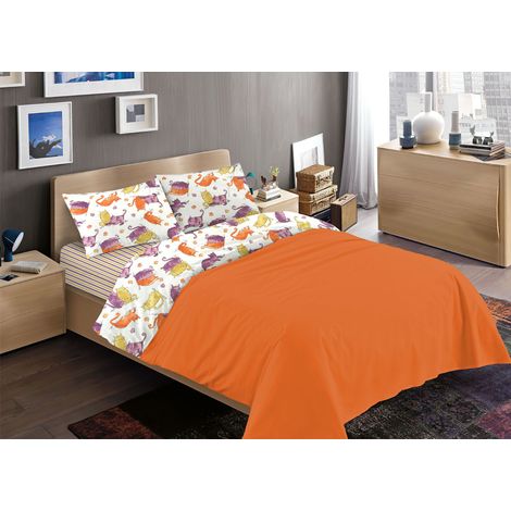 Completo Lenzuola Letto 100% Cotone Disegno Gatti Animali Micio Colorato Mod RP Made In Italy, misura2 PiazzecoloreArancio (1/5)