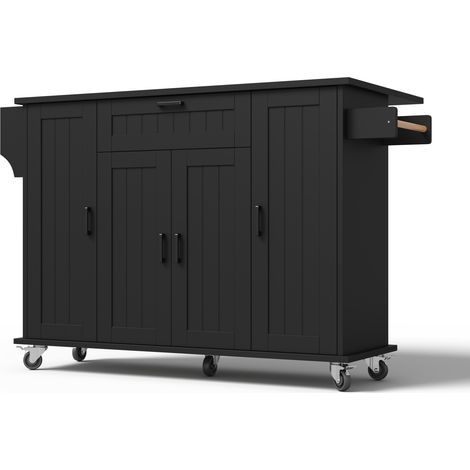 Îlot de cuisine modulable avec plateau rabattable 120×45(70)×95 cm, meuble à roulettes avec 4 portes, 1 tiroir et rangements intégrés (1/5)