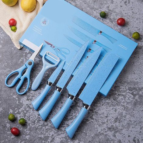 Set aus sechs farbenfrohen Küchenmessern, antihaftbeschichtetes Kochmesser, Küchenmesserset aus Edelstahl, Set aus sechs gepunkteten Messern (1/4)