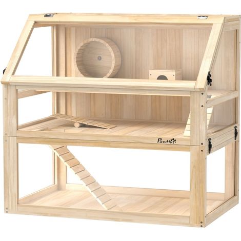 Gabbia in legno per criceti a 3 livelli con coperchio ribaltabile e ruota 80 x 50 x 76 cm naturale (1/5)