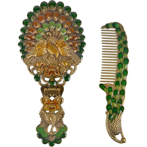 Miroir cosmétique antique à main avec peigne en forme de paon, miroir cosmétique décoratif en métal, miroir cosmétique pour femme (1/5)