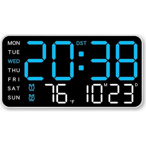 Réveil/horloge murale à affichage numérique, alimenté uniquement par câble USB, affichage LED sans cadre (rectangulaire bleu). (1/4)