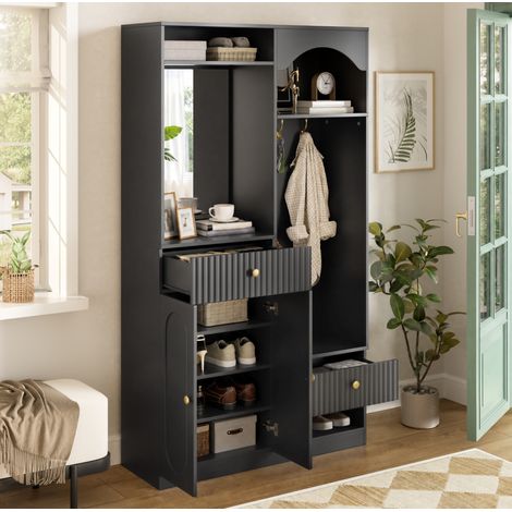 Mueble de entrada compacto con espejo y banco, zapatero con ganchos, MDF negro, OKWISH (1/5)