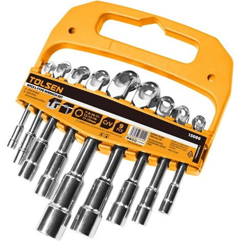 Set di 9 chiavi a tubo aperte Tolsen in acciaio Cr-V, da 7 a 19 mm, resistenti e durevoli.