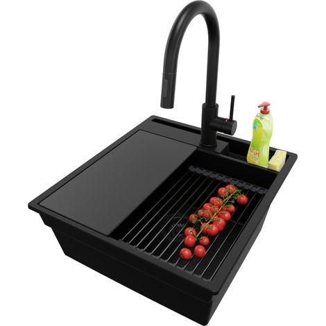 PRIMAGRAN Evier Cuisine en Granit 48x53cm, Lavabo 1 bac + Kit de Vidage + Accessoire, Évier à Encastrer au meuble 50cm - Oslo Pocket, Tout Noir (1/5)