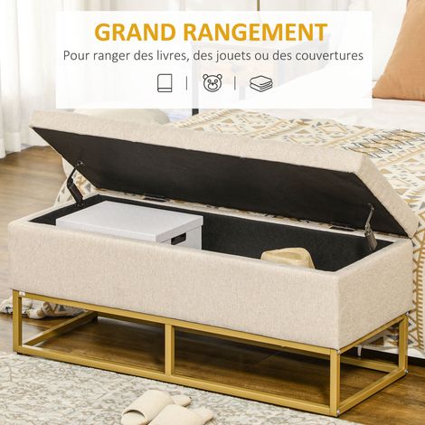 Banc banquette coffre 2-en-1 capitonnée acier 110x44x48 cm beige doré (1/5)
