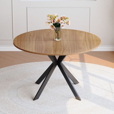 DESMIU Table de salle à manger ronde avec 1 plateau et base X, pour cuisine et salon, noir et noyer (1/5)