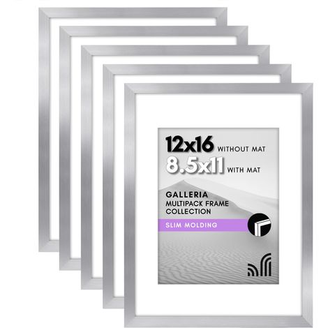 Lot de 5 cadres photo de 21,6 x 28 cm avec passe-partout ou cadre de 30,5 x 40,6 cm sans passe-partout - cadre photo mural avec vitre en plexiglas poli - argenté (1/5)