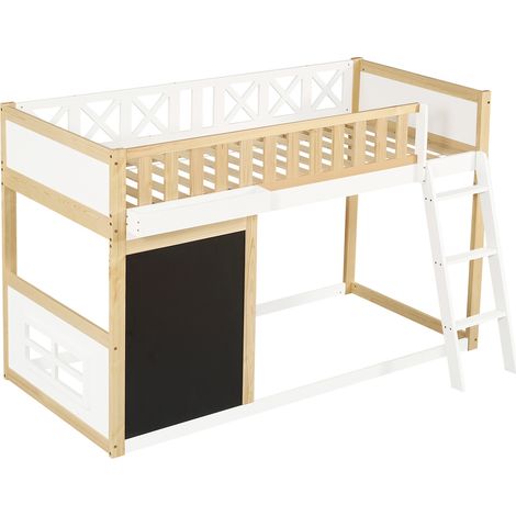 Lit mezzanine pour enfant, avec petite ardoise à peindre, boîte de rangement, barrière de sécurité, espace de rangement sous le lit personnalisable, pin + MDF, blanc + naturel, 90x200cm (1/5)