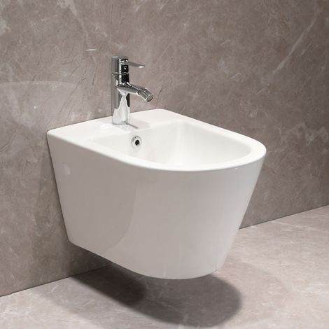 Hänge-WC Bidet mit Nano-Beschichtung - Wand-Bidet aus Keramik mit Hahnloch und Überlaufschutz - Dusche Hygienedusche WC für Intimreinigung - mit Befestigungssatz für Montage