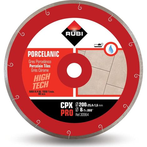 Rubi – Disque diamant pour grès porcelaine 200mm – Alésage 25,4mm – Épaisseur 1,6mm – Coupe droite rapide – Haute technologie