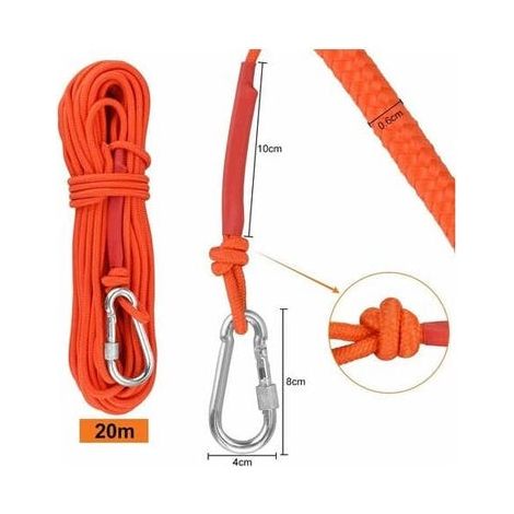 Cuerda de escalada trenzada de polipropileno, 20 m con mosquetón, protección UV, resistente al moho y a la corrosión - Naranja (1/4)