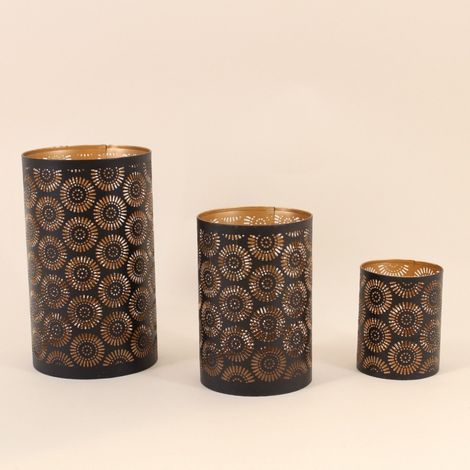 Set de 3 lanternes découpe ajourée fleurs noir & or (1/5)