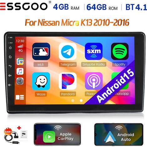 Autoradio Android 15 pour Nissan Micra K13 (2010-2016) avec CarPlay, GPS, Wi-Fi et RDS - 4+64G DAB+