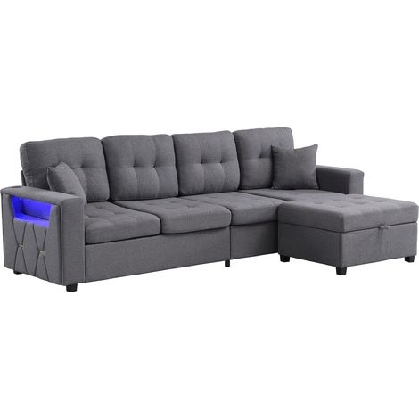 Divano modulare L grigio con pouf contenitore, ricarica USB e Type-C, luci LED, 4 posti (1/5)