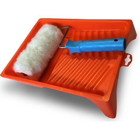 Bac à peinture plat Kit anti-gouttes Rouleau à poils longs polyester Largeur 18 cm Ø 8 cm - Quantité x 1 - Poils longs + Bac (1/5)
