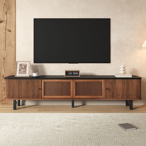 Meuble TV 190x35x45 cm coloris noyer en MDF et panneaux de particules avec portes coulissantes et grille (1/5)