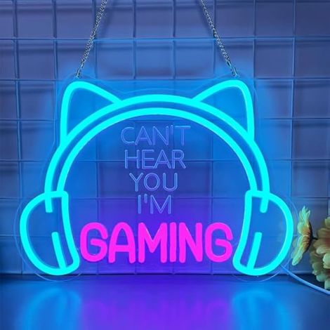 GAMING Panneau néon LED Can't Hear You I'm Gaming, casque oreilles de chat, bleu glacier et rose, décoration murale (bleu glacier) (1/5)