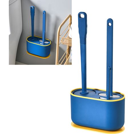 Ensemble brosse et support WC pour salle de bain, brosse avec long manche, fixation murale, anti-gouttes, nettoyage facile des recoins difficiles d'accès, bleu (1/5)