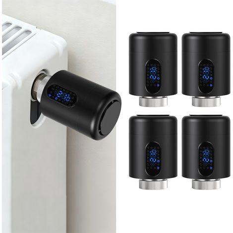 Randaco Smartes Heizkörperthermostat WiFi, App-Steuerung, Smart Life/Tuya, 7 Ventiladapter je Thermostat, Schwarz, 4er-Set (1/5)