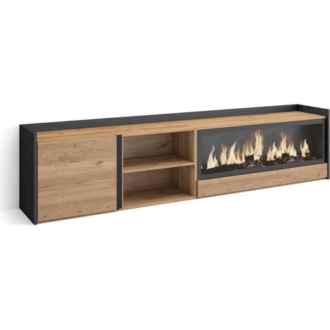 Mueble TV Sedella-01 de 212x50x35 cm con chimenea eléctrica XXL, color roble y negro (1/4)