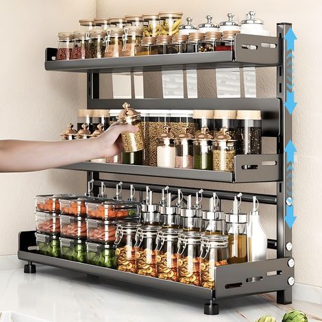 Étagère de rangement multifonctionnelle à trois niveaux, étagère à épices réglable de 30 x 16 x 54 cm avec protège-couteau, adaptée à la cuisine (1/5)