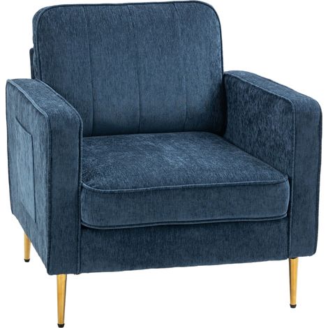 Fauteuil en tissu avec pieds en acier doré, grand confort, pochettes latérales, pour salon, bureau, chambre, bleu (1/5)