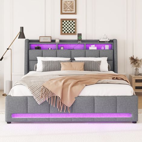 Lit matelassé 140x200, sommier capitonné sans matelas, pilotage par appli, bande lumineuse LED, tiroirs avec ports USB et prises, coffre de rangement, housse grise. (1/5)