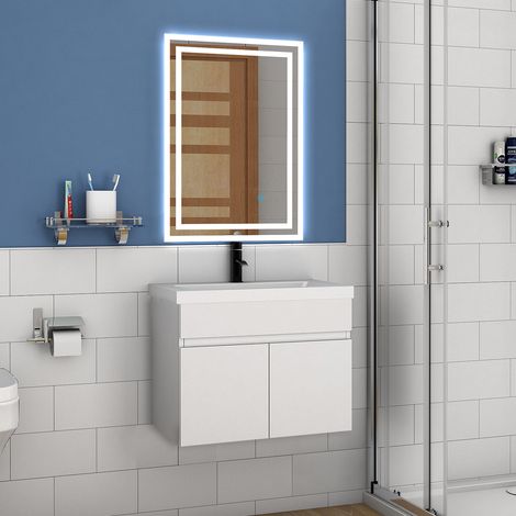 Acezanble 59(L)x38,5(W)x40(H)cm Acezanble meuble Salle de Bain blanc 2 portes avec une vasque à suspendre pour un gain d'espace optimal avec un miroir de 70x50 cm (1/5)