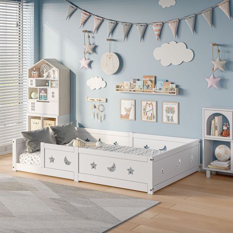 140×200lit montessori,lit au sol enfant,lit au sol,lit bébé en bois massif de pin, design étoiles et lune, lit au sol sécurisé, peinture à base d’eau sans odeur (1/5)