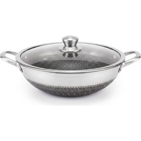 Wok Poêle à sauter en acier inoxydable 32 cm Structure alvéolaire antiadhésive avec couvercle en verre Wok pour ragoûts résistant au four et à l'induction (1/5)