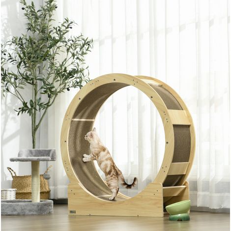 Roue d'exercice pour chat avec frein et tapis griffoir, rotation fluide, structure en bois, idéale pour chats jusqu'à 5 kg, montage facile - CHICFURN (1/5)