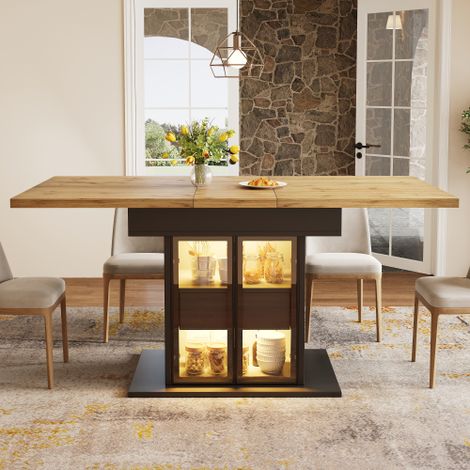 Table de salle à manger extensible (110–140 cm) avec espace de rangement et bandeau LED RVB, dotée de portes coulissantes en verre et de poignées invisibles à ouverture par pression disponible en noi (1/5)