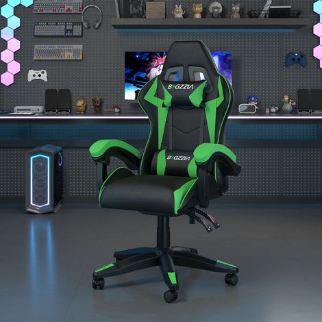 Ergonomic PU Leather Racing Gaming Chair with Headrest and Lumbar Pillow Swivel Office Chair Black and Green (1/5)