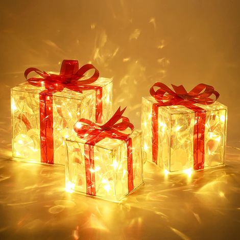 Boîte Cadeau Éclairée - Boîte Lumineuse PVC Étanche avec Cadre Métallique - Pour Décoration Noël Mariage Intérieur Extérieur - Lot de 3 Tailles