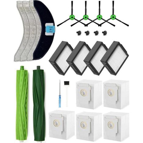 21 Pièces kit de Pièces Détachées pour iRobot Roomba Combo j7/j7+/j9/j9+/10 Max L'aspirateur: 2 Brosses Principales, 4 Brosses Latérales, 4 Filtres HEPA, 6 Sacs à Poussière, 4 Chiffons, 1 Brosse (1/4)