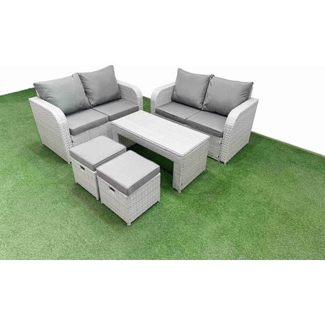 Fimous 6 Seater Outdoor Love Sofa Set Rattan Garden Furniture Set with Oblong Coffee Table 2 Small Stools Light Grey (1/4)