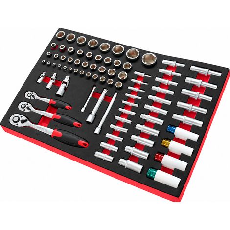 Assortimento di 80 utensili SOGI TER-84 - bussole 1/4", 3/8", 1/2" normali, lunghe e per cerchi in lega - 3 cricchetti (1/5)