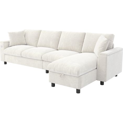 Canapé d'angle en chenille beige avec rangement et table basse escamotable (1/5)