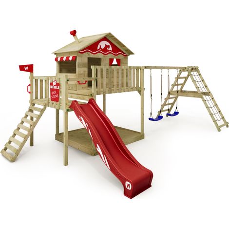 Wickey Wooden climbing frame Smart Ocean with swing set and slide, Playhouse on stilts for kids with sandpit, climbing ladder & play-accessories - red (1/5)