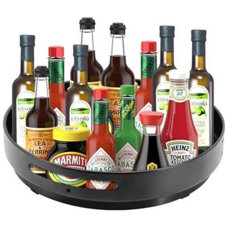 Étagère à épices rotative de 31 cm - Plateau tournant en métal - Plateau tournant - Organiseur pour armoire, plan de travail, armoire, table dans la cuisine, garde-manger (acier, noir) (1/5)
