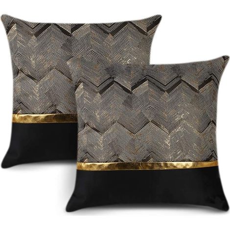 Lot de 2 45x45cm (Noir) Housse de Coussin pour Lit Canapé Canapé Décor De Voiture Luxe Moderne Minimaliste Or Cuir Couture Rayures Ondulées Taie D’oreiller Carré Housse De Coussin Housses