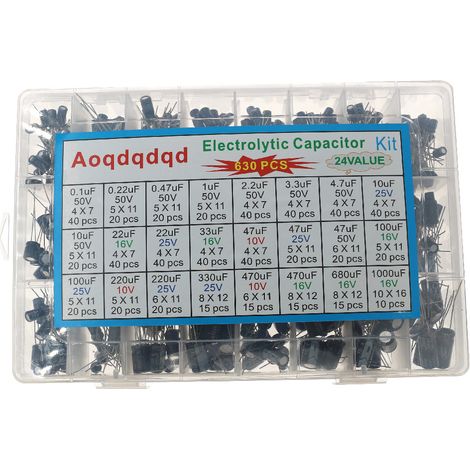 Kit de 500 condensateurs électrolytiques en aluminium, gamme de 0,1 µF à 1000 µF. (1/2)