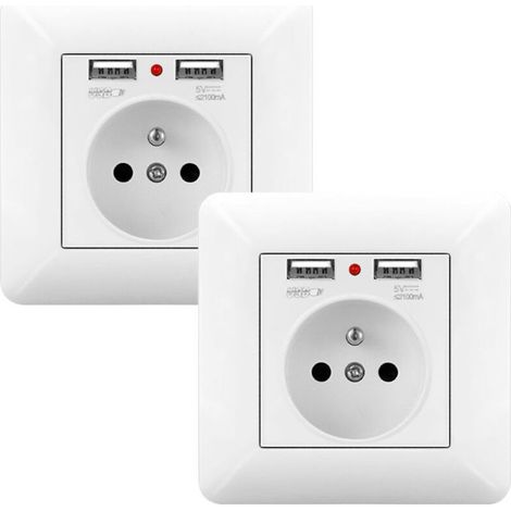 Lot de 2 Prise Électrique Murale 16A avec Double USB et LED – Prise Encastrable 240V Norme Française Blanc