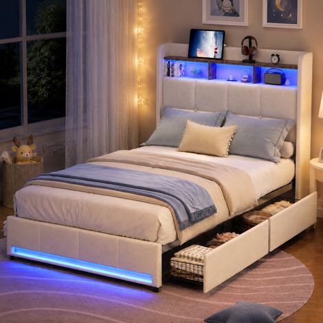 Lit enfant simple 90x200cm avec sommier à lattes, 2 tiroirs, Tête et pied de lit avec LED, 2 USB et 1 Type-C, beige lin