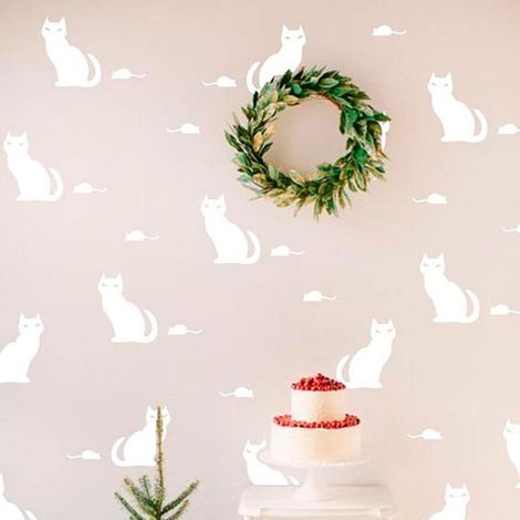 Katzen- und Mäuse-Aufkleber für Wohnzimmer, Schlafzimmer, Wanddekoration (Weiß) (1/5)