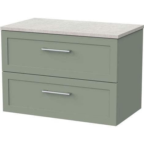 Stonnall Traditional Wall Hung 2 Drawers Vanity Unit with White Sparkle Laminate Worktop, 800mm, Reed Green