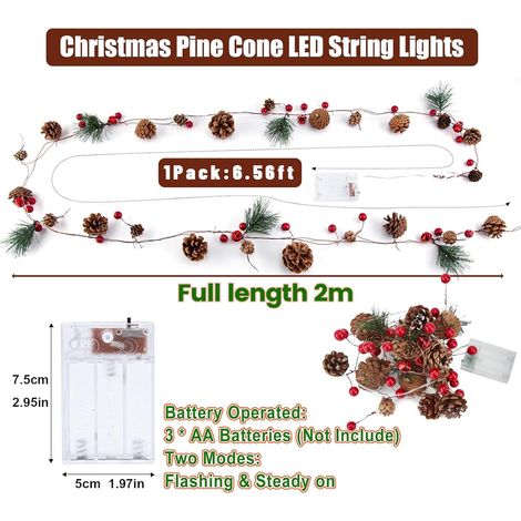 Ghirlanda di luci a forma di pigna, 2 m, 20 LED, ghirlanda natalizia con luci rosse e pigne, a batteria, decorazione natalizia con bacche rosse per uso interno o esterno (1/4)