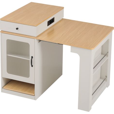 Isla de cocina extensible con ruedas, mesa de comedor con enchufes, blanco y natural (1/5)